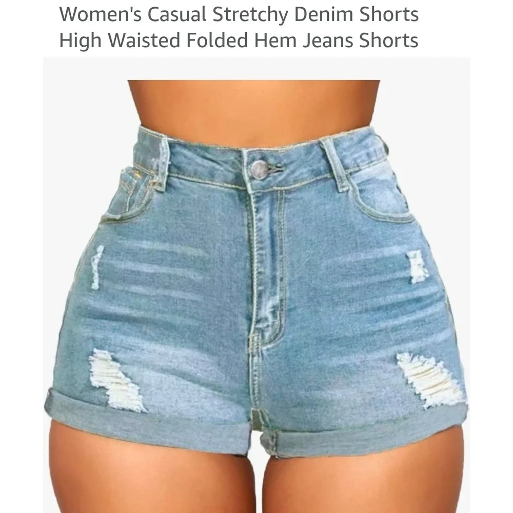 Womens High Waisted‎ Distressed Denim Shorts Light Wash Stretchy Cuffed Size 2XL